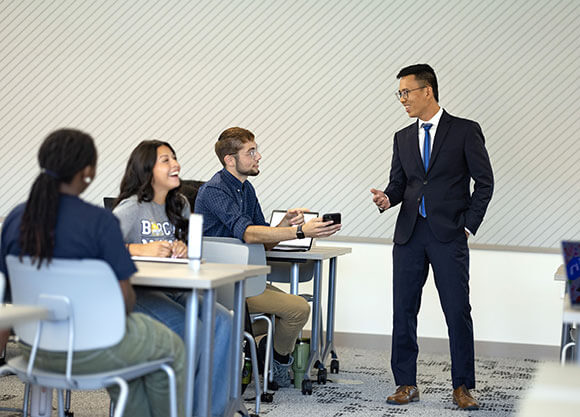 Students in the new School of Business building
